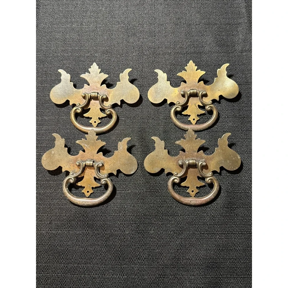 4 Brass Drawer Swing Handle Pulls Chippendale Batwing Antique Hardware No Screws